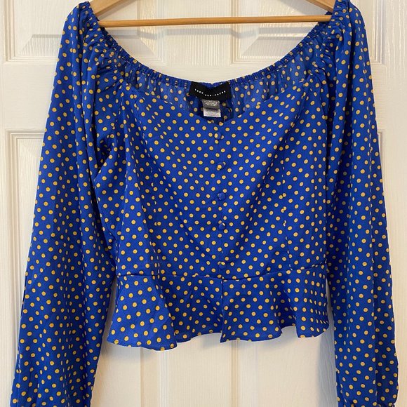 Blue Polka Dot Sweetheart Neck Peplum Long Sleeve Top - Size Large - Picture 3 of 10